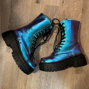 Doll’s Kill Current Mood Metallic Blue Platform Combat Boots Size 8